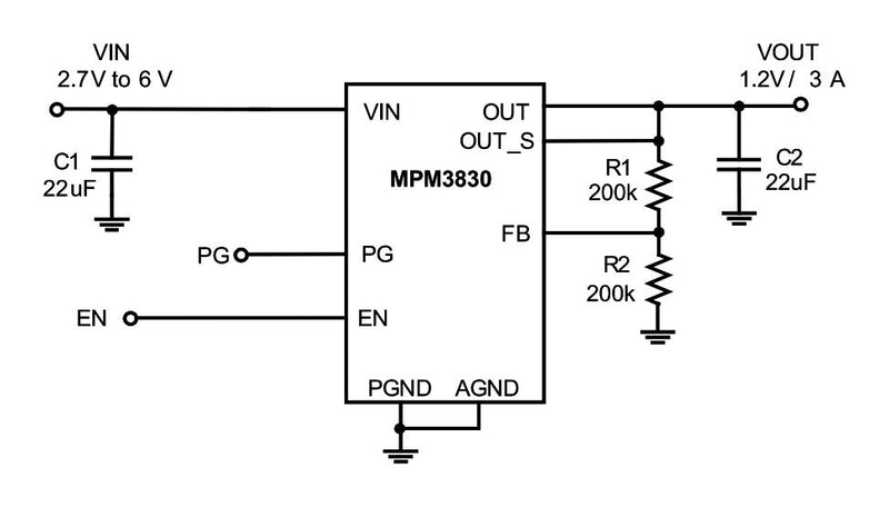 Monolithic Power Systems (MPS) MPM3830GQV-Z DC/DC POL Converter Adjustable Synchronous Buck 1.2MHz 2.7V to 6V in 0.6V 6V/3A Out QFN-20