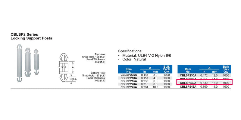 Essentra Components CBLSP240A CBLSP240A PCB Mounting Nylon 6.6 16MM Natural