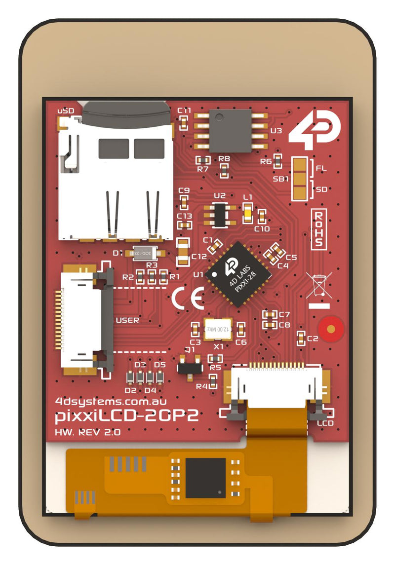 4D Systems PIXXILCD-20P2-CTP-CLB HMI Panel LCD TFT Display 460 cd/m2 176 x 220 Pixels 15 Way FPC