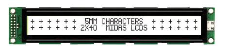 MIDAS MC24005A6W-FPTLW-V2 Alphanumeric LCD, 40 x 2, Black on White, 5V, Parallel, English, Japanese, Transflective