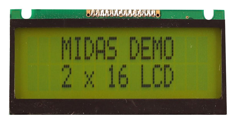 Midas MC21605FA6WE-SPTLY Alphanumeric LCD 16 x 2 Black on Yellow / Green 5V Parallel English Euro Transflective