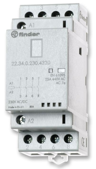 FINDER 22.34.0.024.4720 Contactor, DIN Rail, 250 VAC, 3PST-NO, SPST-NC, 4 Pole, 4 kW