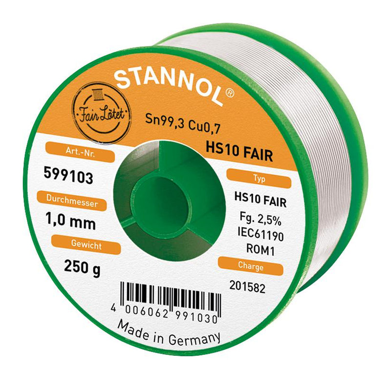 STANNOL HS10 FAIR, 1.0MM, 250G Solder Wire, 99.3/0.7, 1mm Diameter, 250g