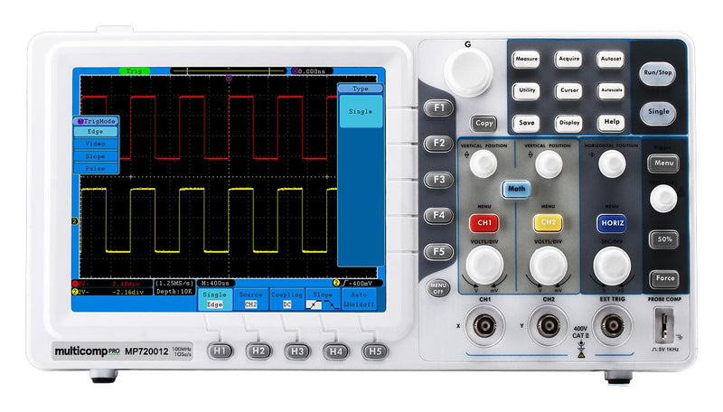 Multicomp PRO MP720012 EU-UK Digital Oscilloscope Economical Eco Series 2 Analogue 1 Ext Trigger 100 MHz Gsps Mpts