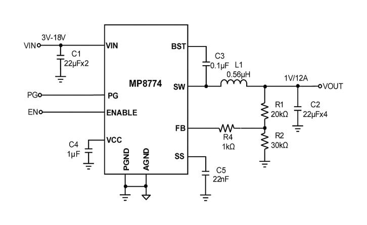 Monolithic Power Systems (MPS) MP8774HGQ-Z DC-DC Switching Synchronous Buck Regulator 3V-18V in 600mV to 12V out 12A 1.4MHz QFN-16