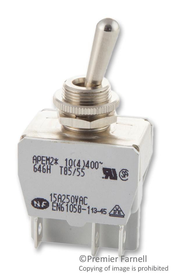 APEM 646H/2 Toggle Switch, DPDT, Non Illuminated, On-On, 600H Series, Panel, 15 A