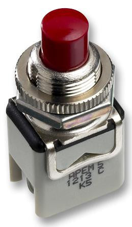 APEM 1212C6 Pushbutton Switch, (Off)-On, SPST-NC, 125 V, 12 V, 3 A, Quick Connect, Solder