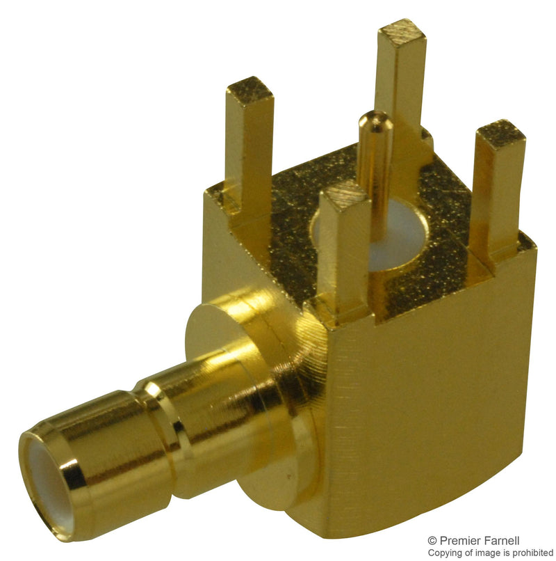 AMPHENOL SMB1252B1-3GT30G-50 RF / Coaxial Connector, SMB Coaxial, Right Angle Jack, Through Hole Right Angle, 50 ohm, Brass