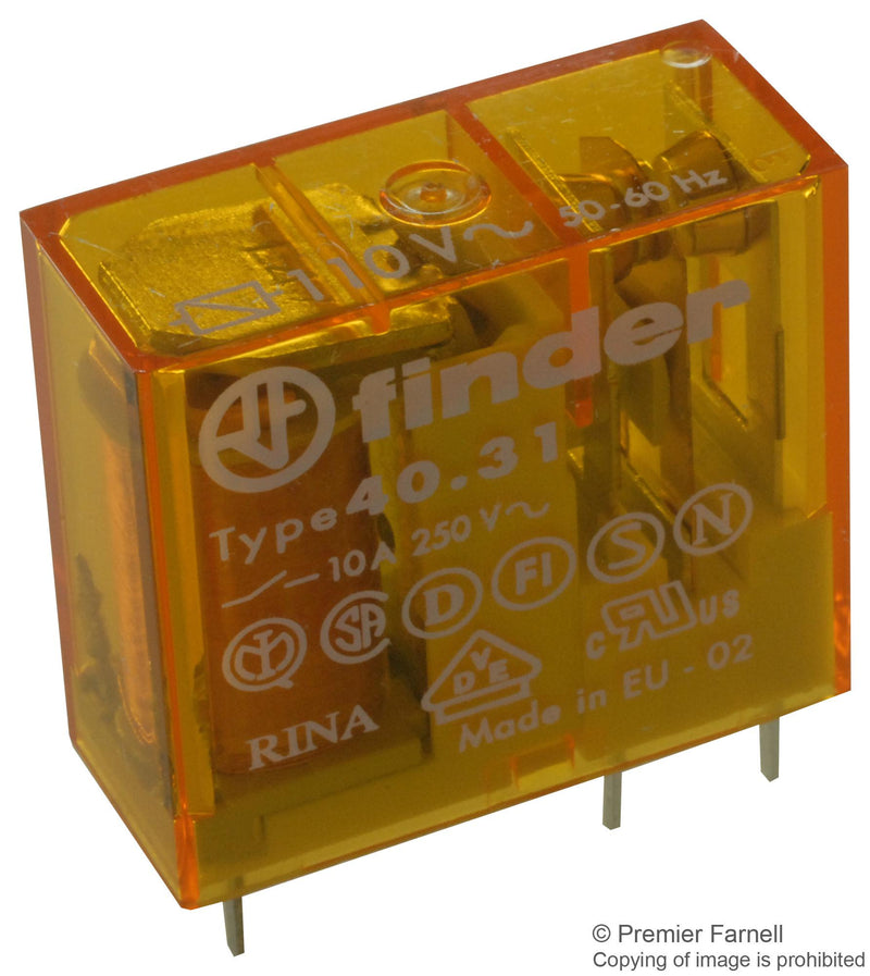 FINDER 40.31.8.110.0000 General Purpose Relay, 40 Series, Power, SPDT, 110 VAC, 10 A