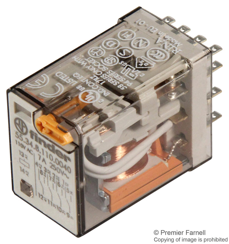 FINDER 55.34.8.110.0040 General Purpose Relay, 55 Series, Power, 4PDT, 110 VAC, 7 A