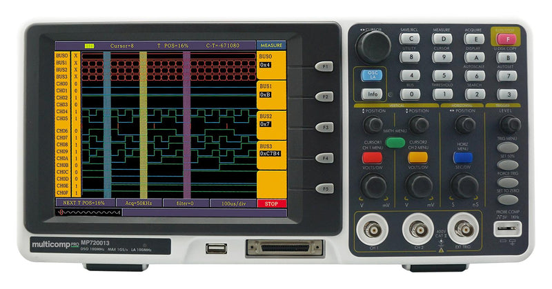 Multicomp PRO MP720013 EU-UK MSO / MDO Oscilloscope Logic Analyser 2 Analogue 16 Digital 1 Ext Trigger 100 MHz Gsps