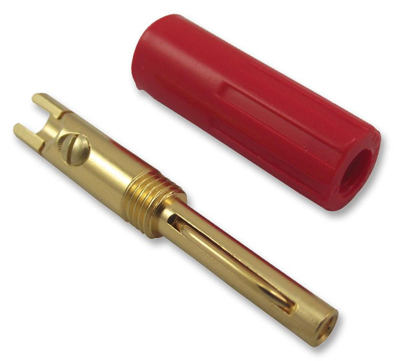 DELTRON COMPONENTS 584-0500 Banana Test Connector, 4mm, Plug, Cable Mount, 10 A, 50 V, Gold Plated Contacts, Red