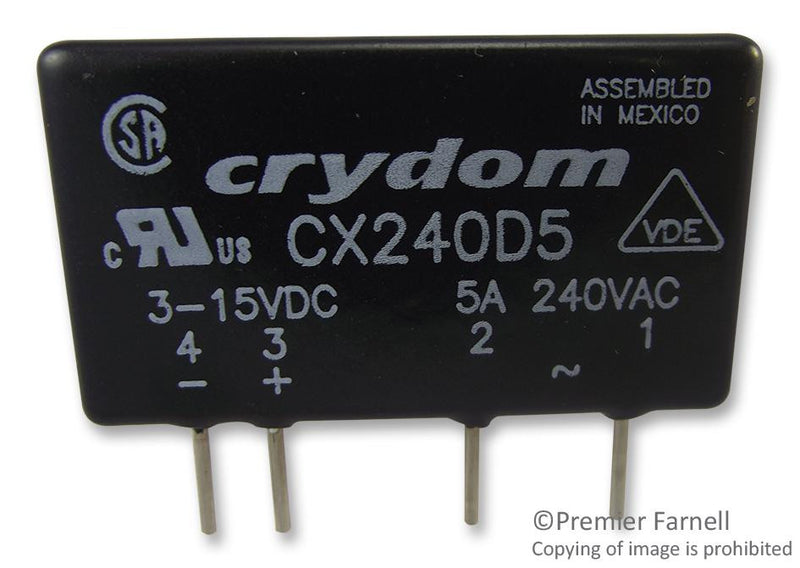 CRYDOM CX240D5 Solid State Relay, CX Series, SIP, SPST-NO, 5 A, 280 Vrms, PCB, Through Hole, Zero Crossing