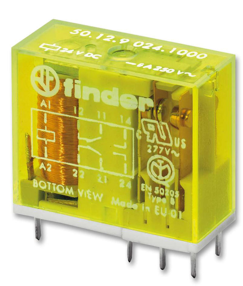 FINDER 50.12.9.024.1000 Safety Relay, DPDT, 24 VDC, 8 A, 50 Series, Through Hole, Solder