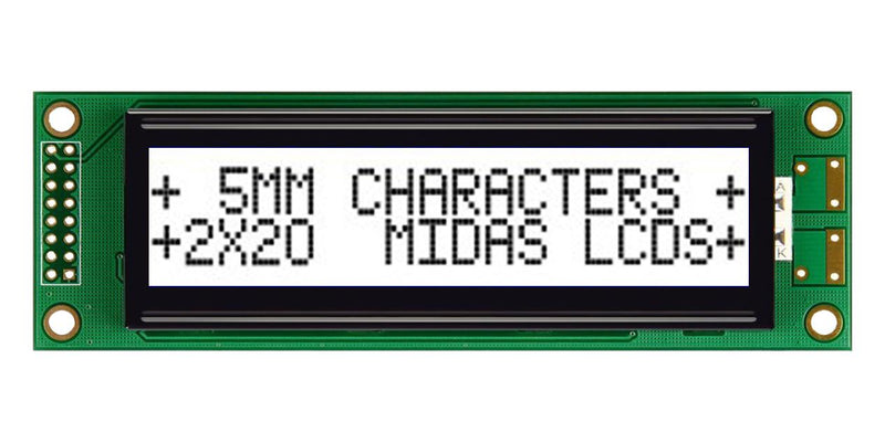 Midas MC22005A6W-FPTLWI-V2 MC22005A6W-FPTLWI-V2 Alphanumeric LCD 20 x 2 Black on White 5V I2C English Japanese Transflective