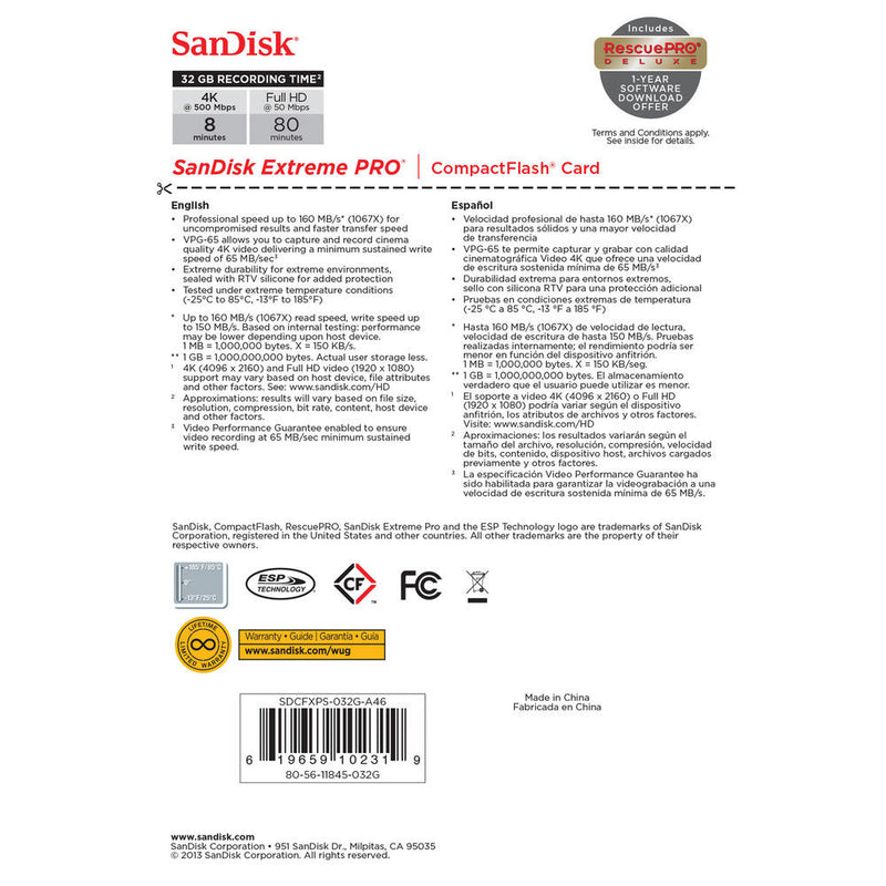 SanDisk 32GB Extreme Pro CompactFlash Memory Card (160MB/s)