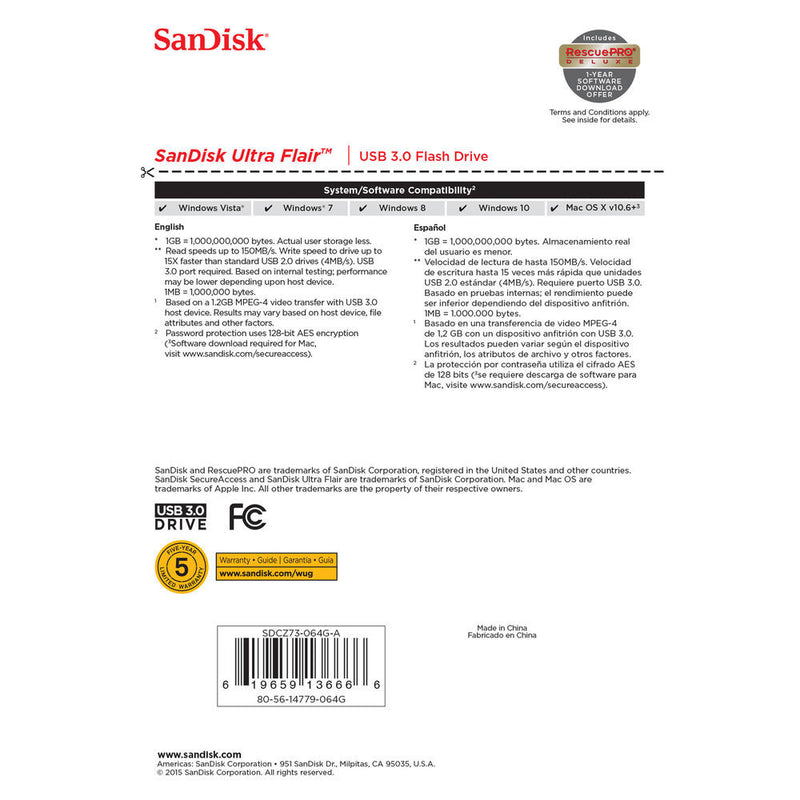 SanDisk 64GB Ultra Flair USB 3.0 Flash Drive