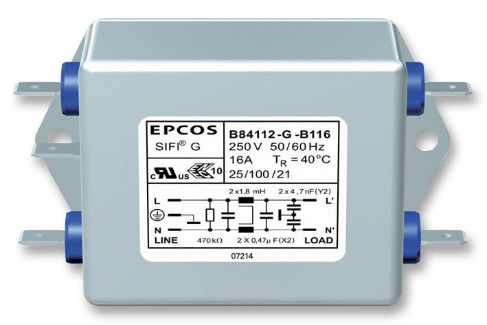 EPCOS B84112G0000B116 Power Line Filter, Chassis, 0.47 &micro;F, 250 V, 16 A, Standard, Quick Connect, 1.8 mH