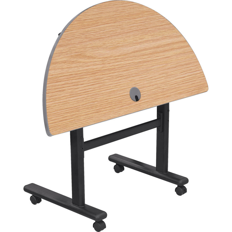 Balt Height Adjustable Sit and Stand Flipper Table (Half Round, Castle Oak Laminate, Platinum Edge)