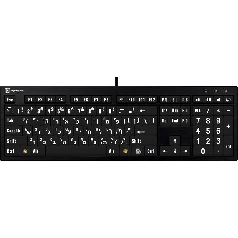 Logickeyboard XL Print NERO PC Slimline Large Print American English and Hebrew Keyboard (White On Black)