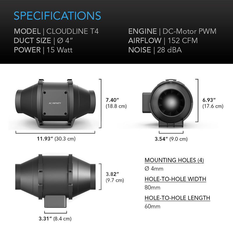 AC Infinity CLOUDLINE T4 Quiet Inline Mixed-Flow Duct Fan System (4")