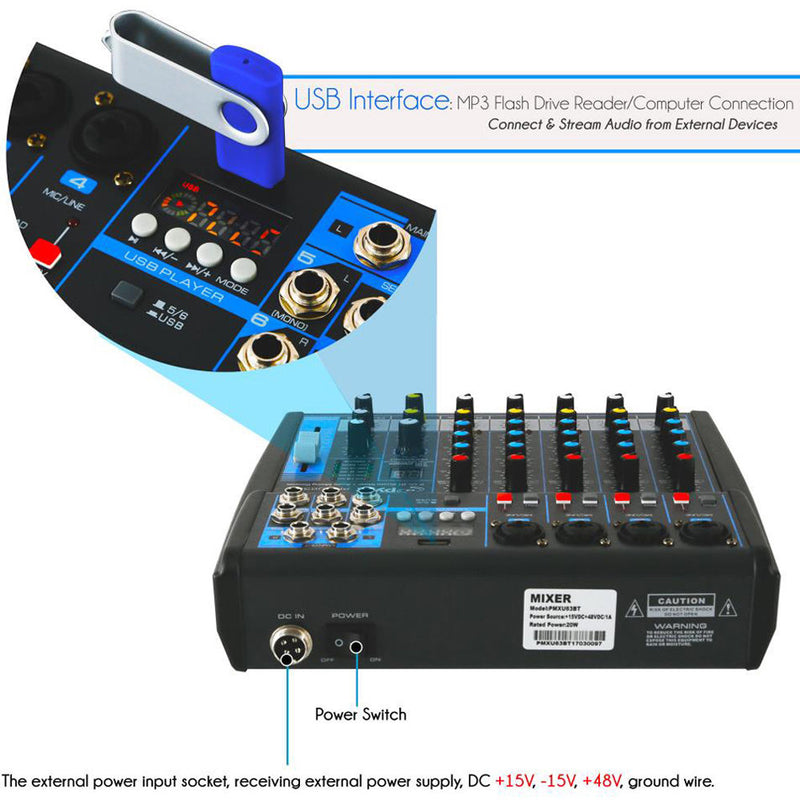 Pyle Pro PMXU63BT Compact 6-Channel, Bluetooth-Enabled Audio Mixer