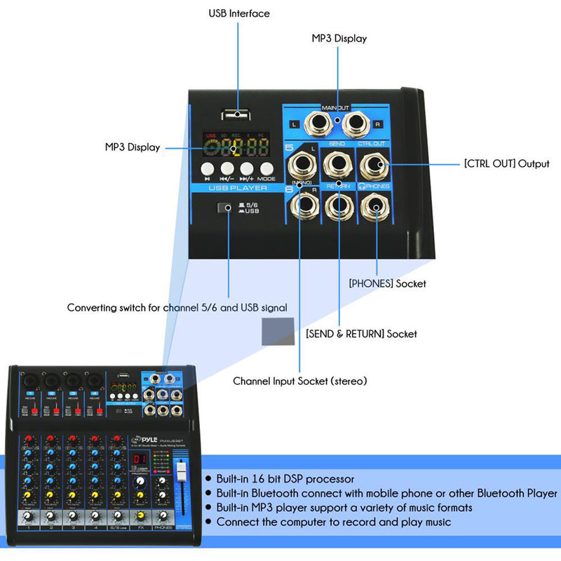 Pyle Pro PMXU63BT Compact 6-Channel, Bluetooth-Enabled Audio Mixer