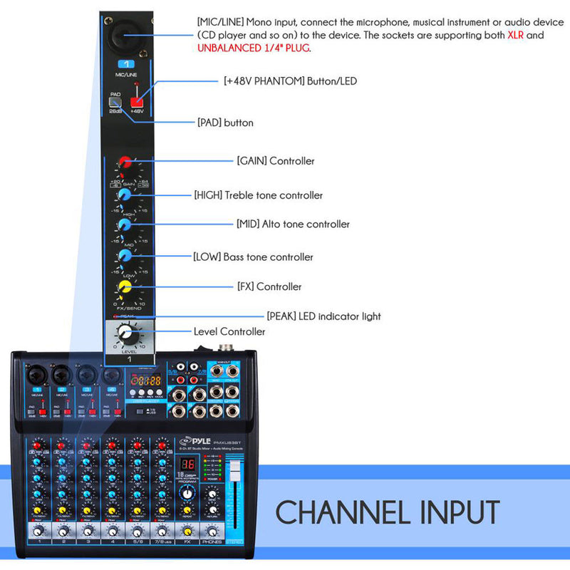 Pyle Pro PMXU83BT Compact 8-Channel, Bluetooth-Enabled Audio Mixer