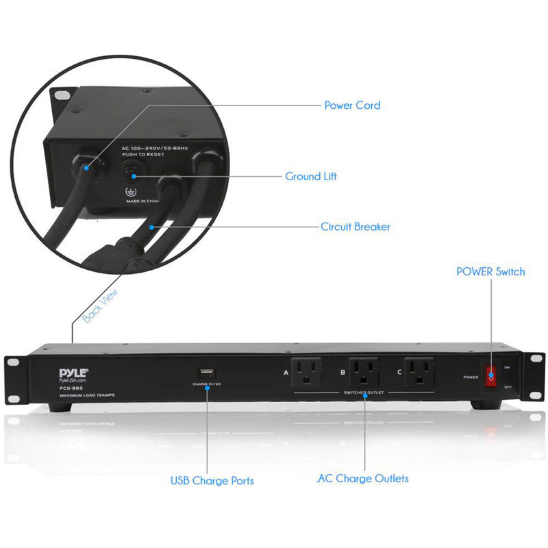 Pyle Pro Power Supply Surge Protector - Rack Mount Power Conditioner Strip with USB Charge Port