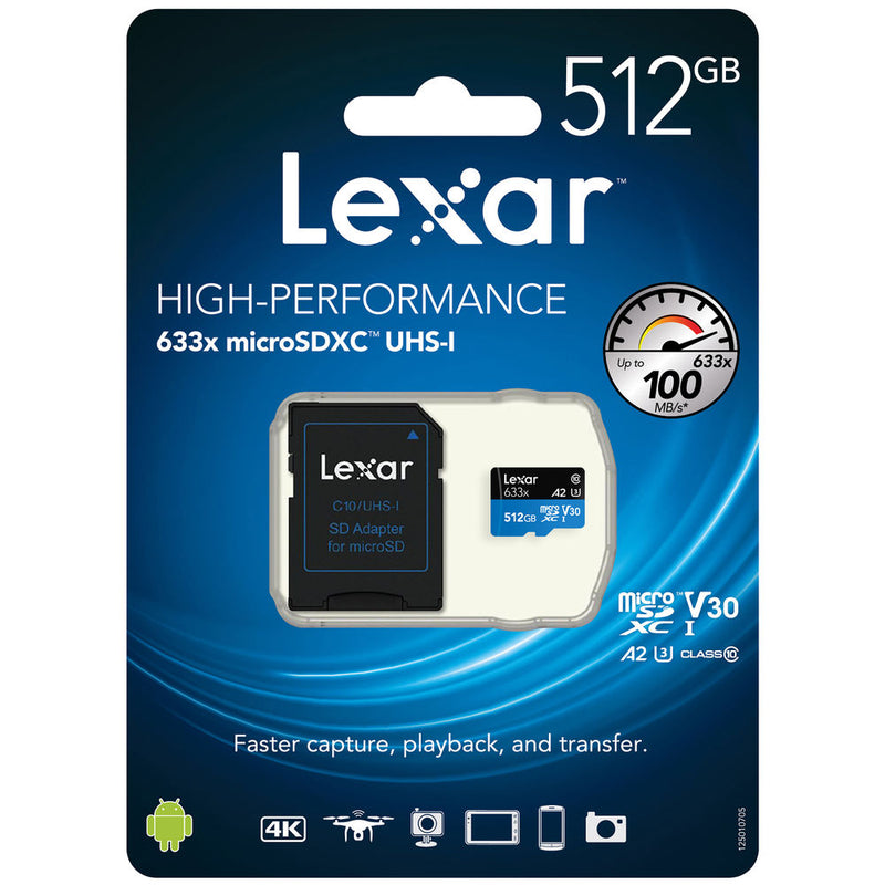 Lexar 512GB High-Performance 633x UHS-I microSDXC Memory Card with SD Adapter