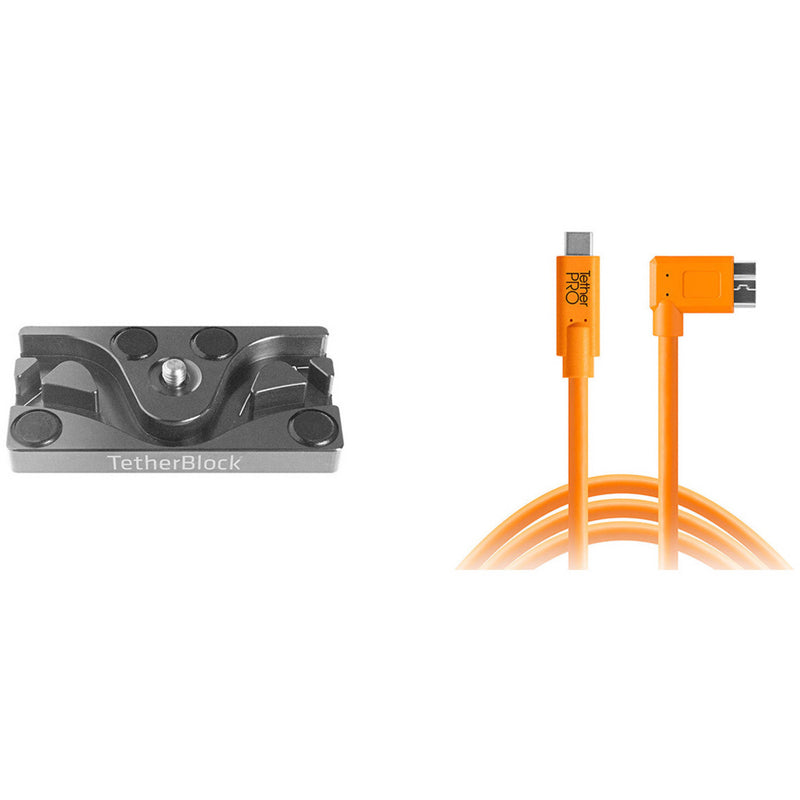 Tether Tools TetherPro USB Cable with TetherBLOCK Mounting Plate Kit (USB Type-C Male to Micro-USB 3.0 Type-B Male, Orange, Right-Angle)