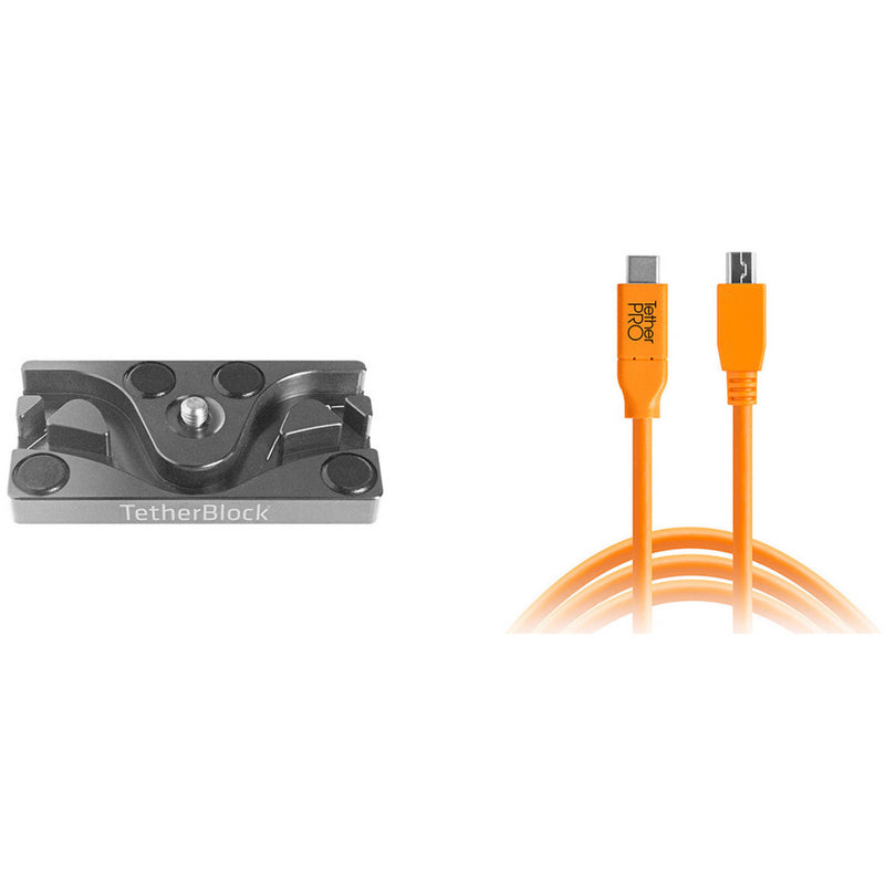 Tether Tools TetherPro USB Cable with TetherBLOCK Mounting Plate Kit (USB Type-C Male to 5-Pin Micro-USB 2.0 Type-B Male, Orange)