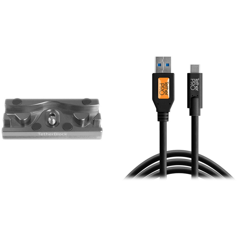 Tether Tools TetherPro USB Cable with TetherBLOCK Quick Release Plate Kit (USB Type-C Male to USB 3.0 Type-A Male, Black)