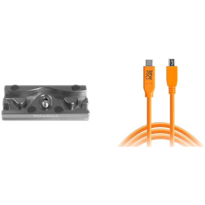 Tether Tools TetherPro USB Cable with TetherBLOCK Quick Release Plate Kit (USB Type-C Male to 8-Pin Mini-USB 2.0 Type-B Male, Orange)