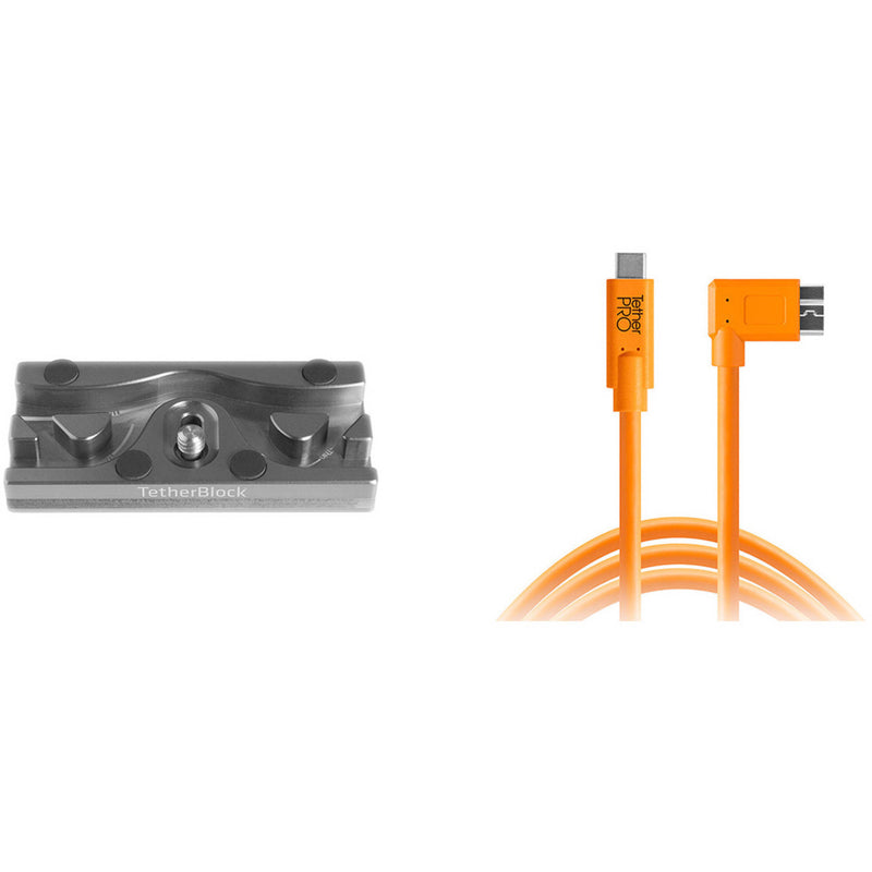 Tether Tools TetherPro USB Cable with TetherBLOCK Quick Release Plate Kit (USB Type-C Male to Micro-USB 3.0 Type-B Male, Orange, Right-Angle)