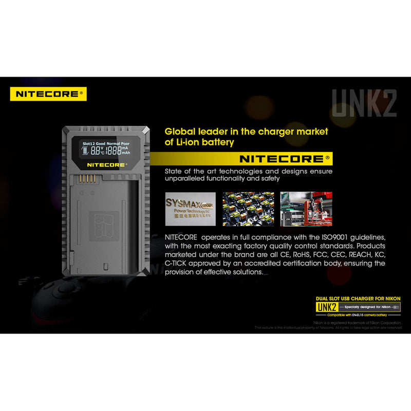 Nitecore UNK2 Dual-Slot USB Charger for Nikon EN-EL15 Batteries