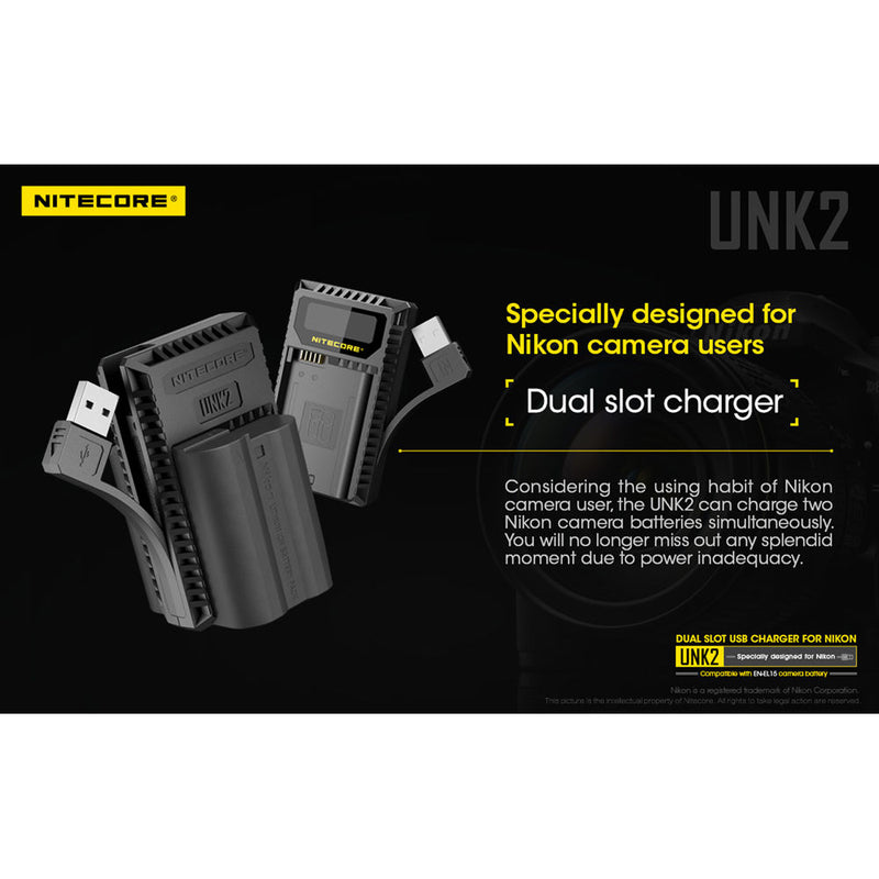 Nitecore UNK2 Dual-Slot USB Charger for Nikon EN-EL15 Batteries