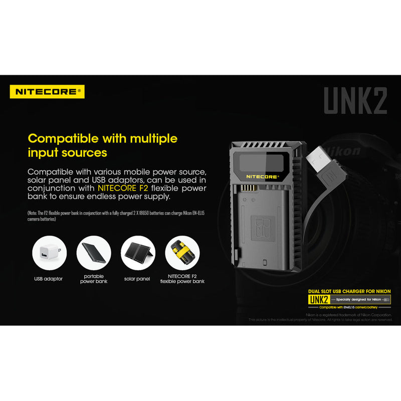 Nitecore UNK2 Dual-Slot USB Charger for Nikon EN-EL15 Batteries