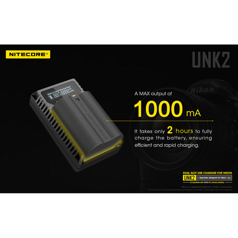 Nitecore UNK2 Dual-Slot USB Charger for Nikon EN-EL15 Batteries