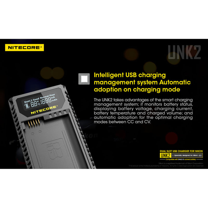 Nitecore UNK2 Dual-Slot USB Charger for Nikon EN-EL15 Batteries