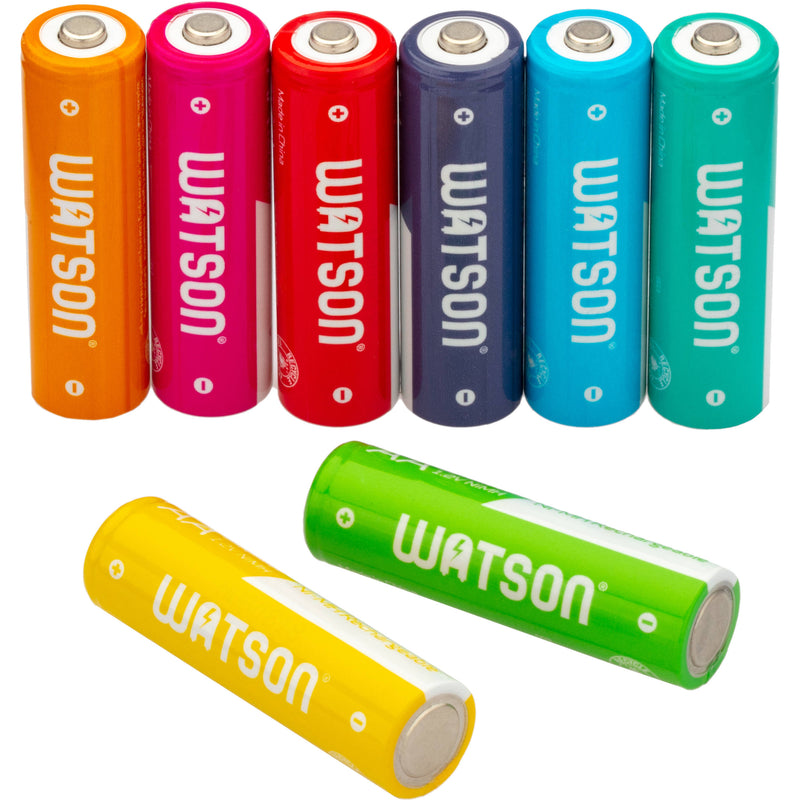 Watson Chroma Rechargeable AA NiMH Batteries (2500mAh, 1.2V, 8-Pack, Multicolored)