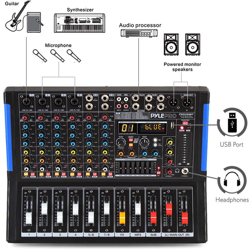 Pyle Pro 8-Channel Bluetooth Studio Mixer and DJ Controller Audio Mixing Console System