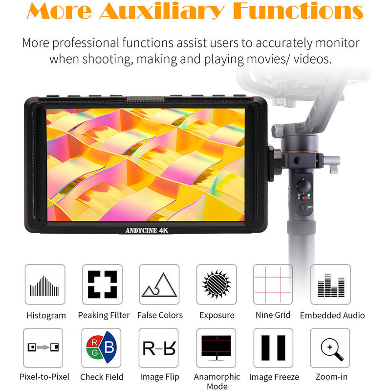 ANDYCINE A6 Lite 5" Full HD HDMI Input/Output Monitor with 4K Support/DC Out /Tilt Arm