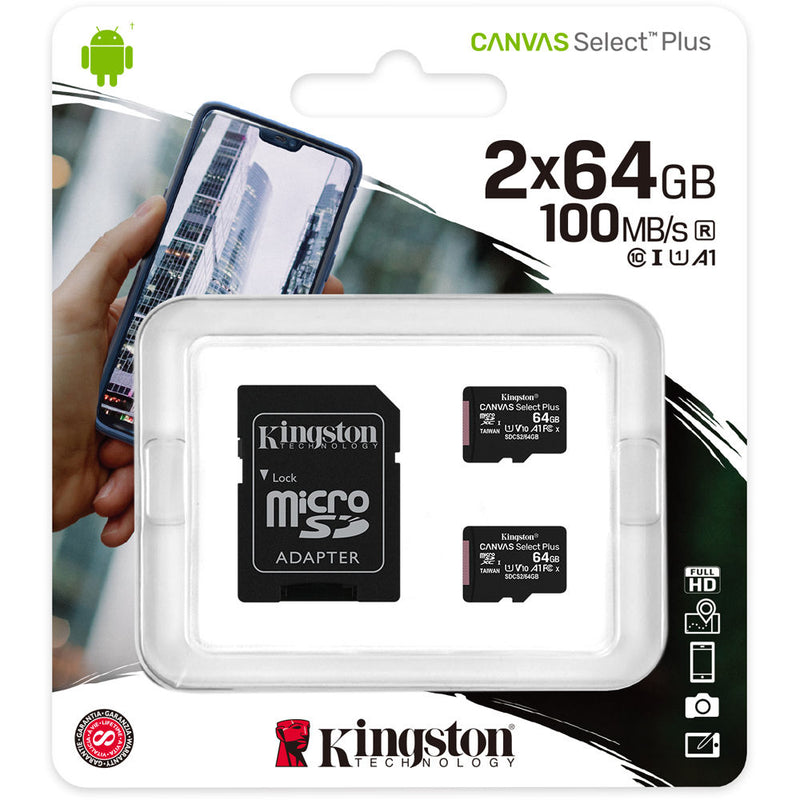 Kingston 64GB Canvas Select Plus UHS-I microSDXC Memory Card with SD Adapter (2-Pack)