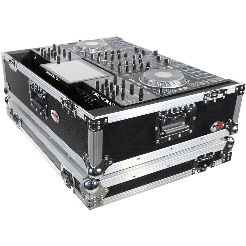 ProX XS-PRIME4 W2U Flight Case with 2 RU Rackspace and Wheels for Denon DJ Prime 4 (Silver on Black)