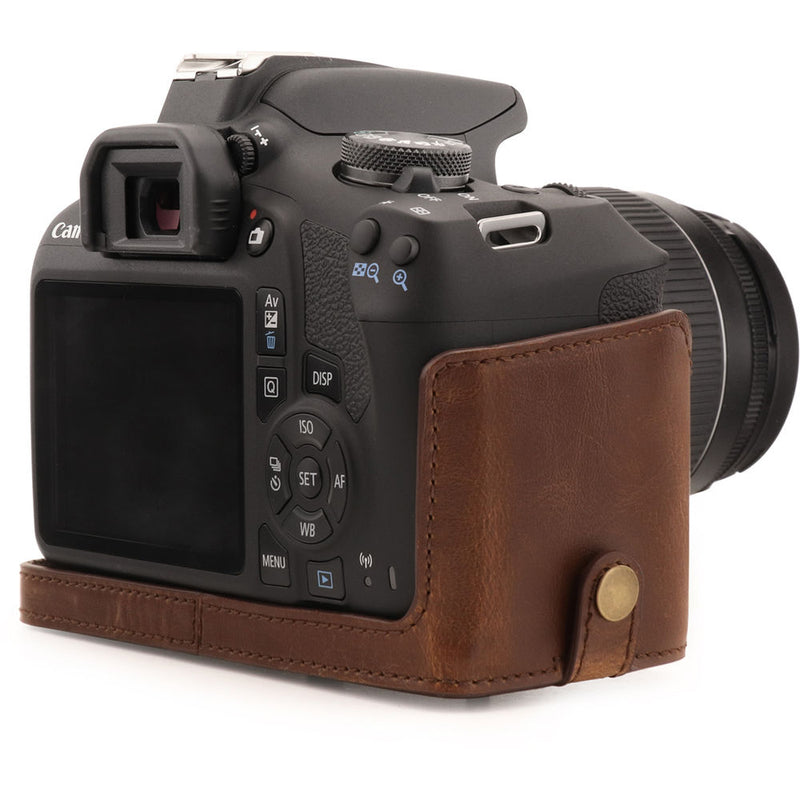 MegaGear Ever Ready PU Leather Case with Strap for Canon EOS Rebel T7, 2000D with 18-55mm (Dark Brown)