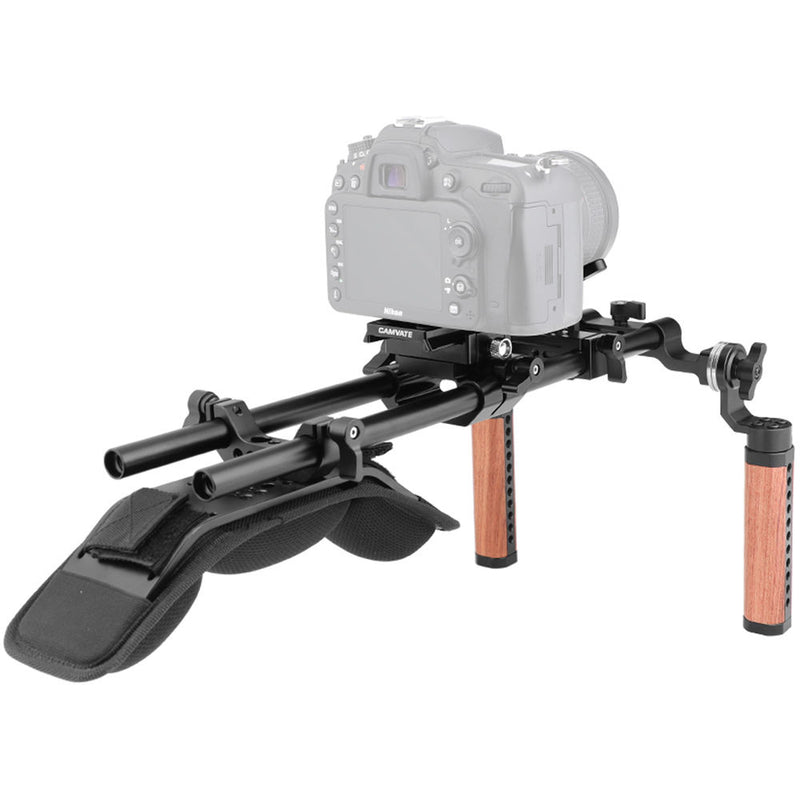 CAMVATE Pro Shoulder Rig with Manfrotto QR Plate, Wooden Handgrips & Lens Support