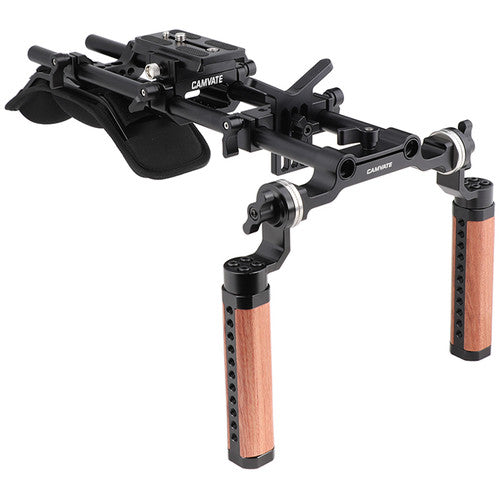 CAMVATE Pro Shoulder Rig with Manfrotto QR Plate, Wooden Handgrips & Lens Support