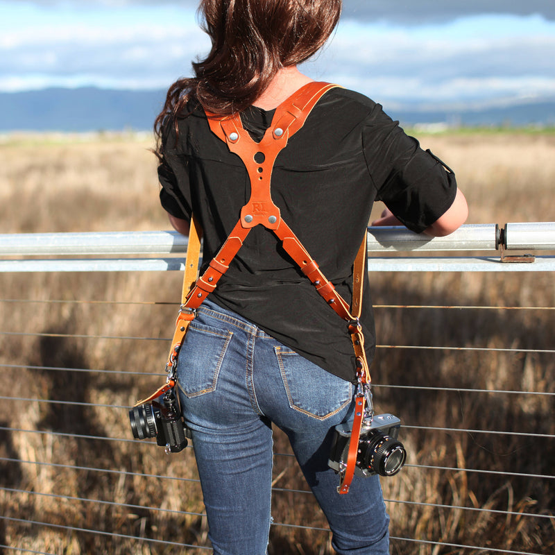 RL Handcrafts Clydesdale Lite Dual Leather Camera Harness (Small, Tan)