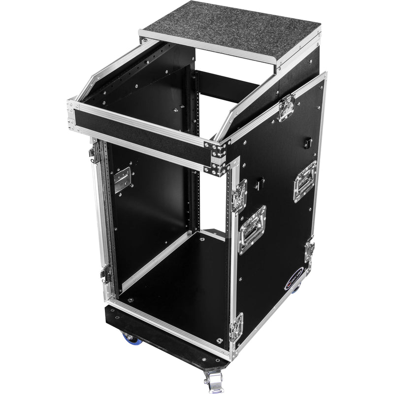 Odyssey Innovative Designs Pro Combo Rack with Glide Platform, Side Table, and Casters (14 RU over 16 RU)